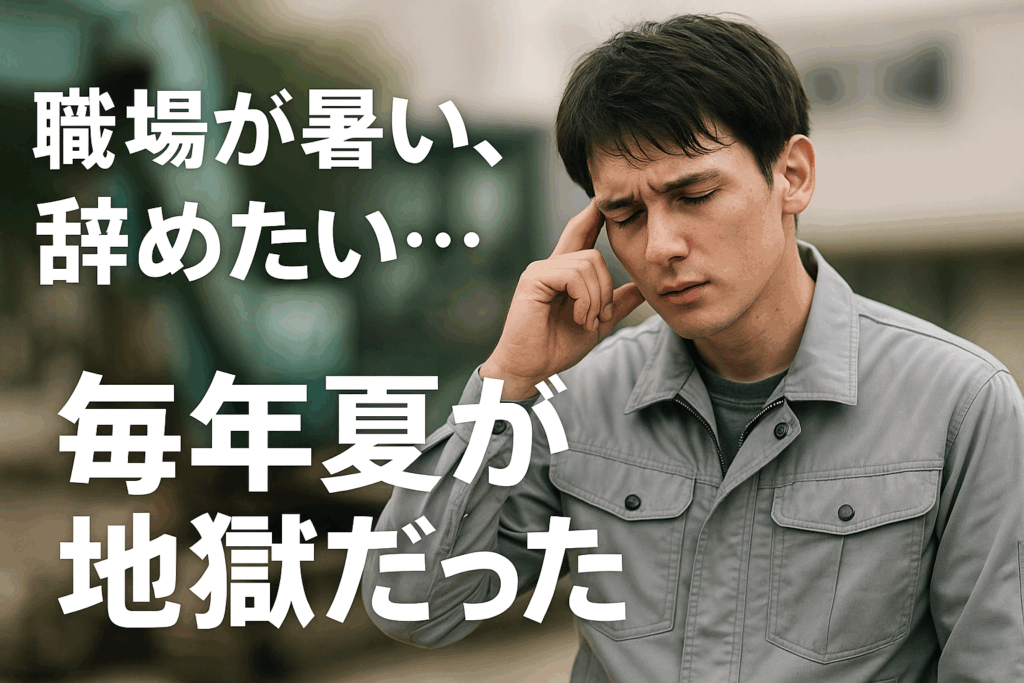 作業服姿の若い男性が汗をかきながら頭を押さえ、苦しそうに目を閉じている。