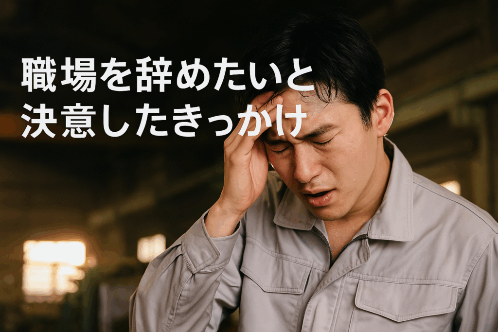 作業服を着た若い男性が暑さで苦しそうに額を押さえ、目を閉じている。
